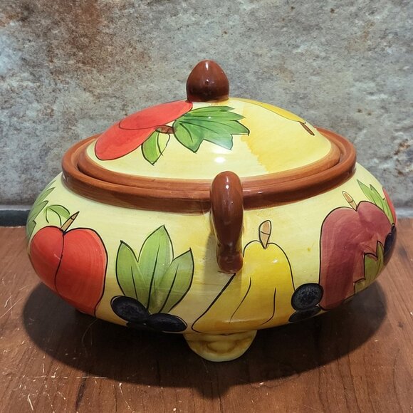 Vintage Ceramic Serving Bowl with Lid Footed Fruit Design - Picture 4 of 10